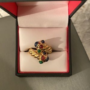 Glass Cabochon & Crystals Ring. Blue Sapphire, Ruby and Emerald